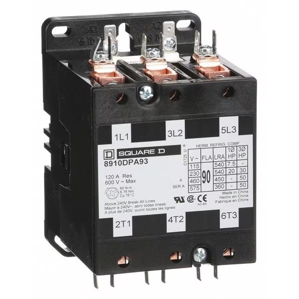 120VAC Non-Reversing Definite Purpose Contactor 3P 90A, Hz: 50/60, Square D, Mfr#: 8910DPA93V02