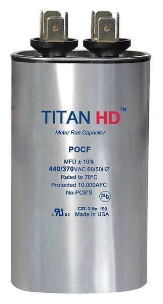 Motor Run Capacitor, 12.5 MFD, 440V, Oval, Titan Hd, Mfr#: POCF12.5A