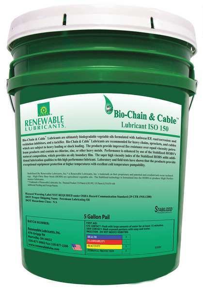 Chain & Cable Lubricant, 5 gal., Renewable Lubricants, Mfr#: 83084