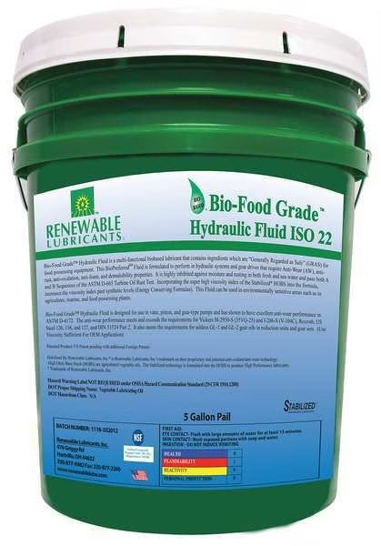 Food Grade Hydraulic Oil, 5 gal., Renewable Lubricants, Mfr#: 87104