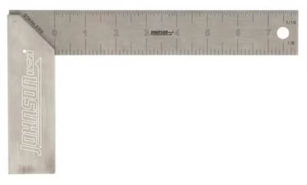 Try Square, Alum/SS, 8 in, 1/8, 1/16 in Grad, Johnson Level & Tool, Mfr#: 1908-0800