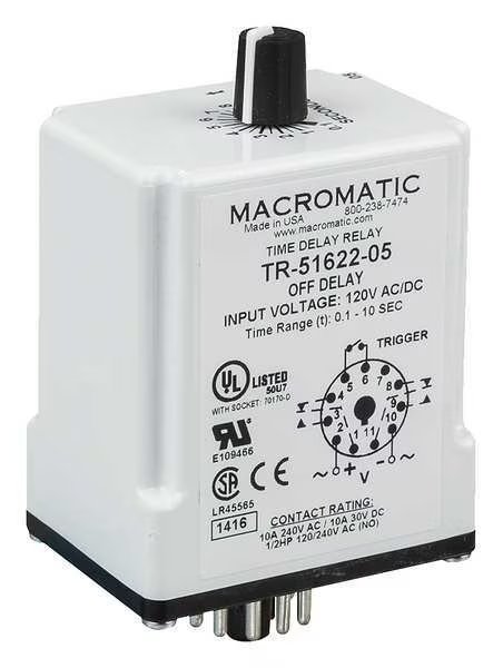 Time Delay Rlay, 240VAC, 10A, DPDT, 0.1 sec., Macromatic, Mfr#: TR-51621-05