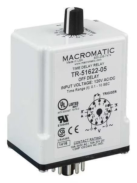 Time Dlay Rlay, 120VAC/DC, 10A, DPDT, 9 sec., Macromatic, Mfr#: TR-51622-14