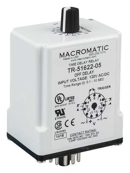 Time Delay Rlay, 24VAC/DC, 10A, DPDT, 3 sec., Macromatic, Mfr#: TR-51628-12
