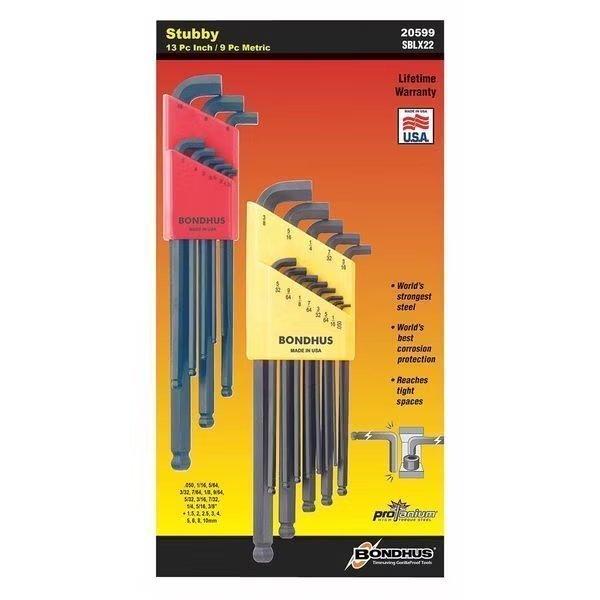 22 Piece Metric/SAE L-Shape Hex Key Set, 20599, Bondhus, Mfr#: 20599