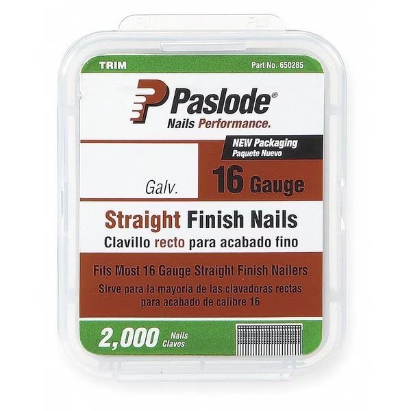Collated Finishing Nail, 2 in L, 16 ga, Zinc Galvanized, Brad Head, Straight, 2000 PK, Paslode, Mfr#: 650285