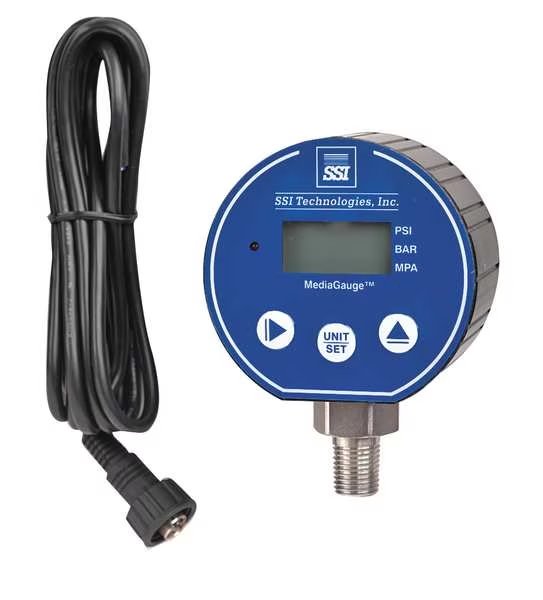 Digital Pressure Gauge with Transmitter, 0 to 200 psi, 1/4 in MNPT, Plastic, Black, Ssi, Mfr#: MG-200-A-M12-R