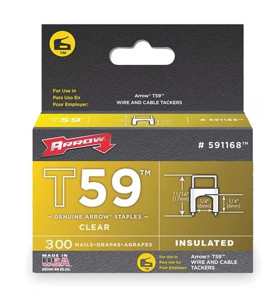Insulated Cable Staples, T59, 0.024 x 0.048 in ga, 1/4 in Leg L, Steel, 300 PK, Arrow Fastener, Mfr#: 591168