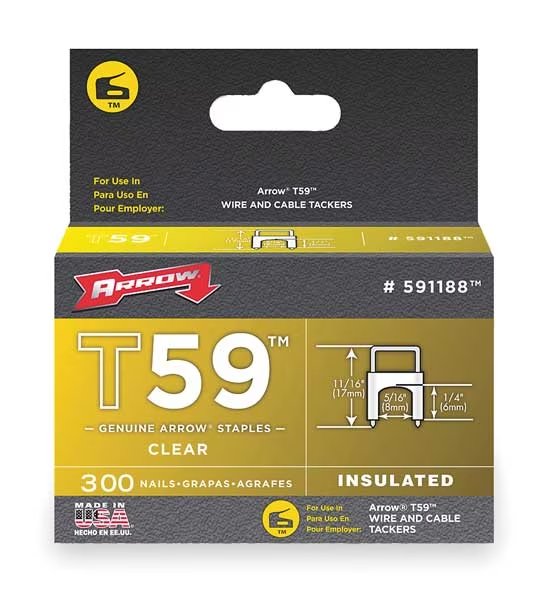 Insulated Cable Staples, T59, 0.024 x 0.048 in ga, 1/4 in Leg L, Steel, 300 PK, Arrow Fastener, Mfr#: 591188
