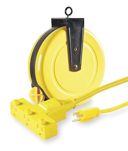Cord Reel With Hand Lamp, Spring Retracted, NEMA 5-15R, 14 AWG, Yellow Reel Color, 30 ft Length