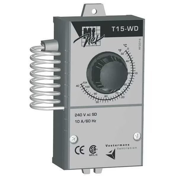 Line Volt Mechanical Tstat, Spring, 32 Degrees to 105 Degrees F, SPDT, Multifan, Mfr#: T15-WD