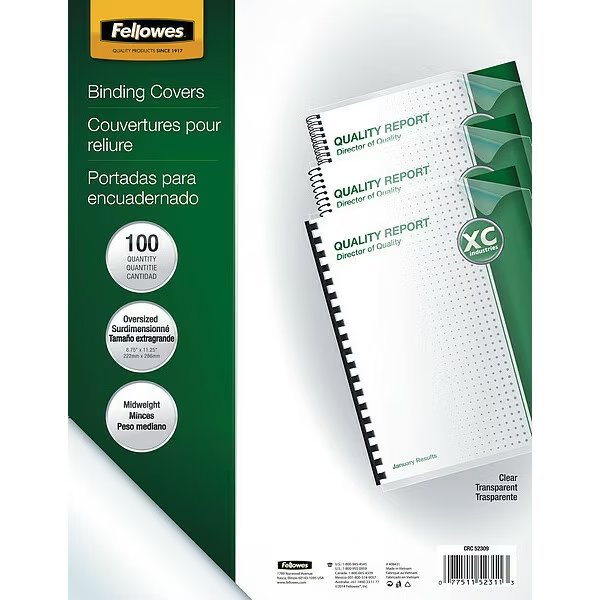 Binding Cover, 8-3/4x11-1/4", 7.5mil, PK100, Fellowes, Mfr#: 52311