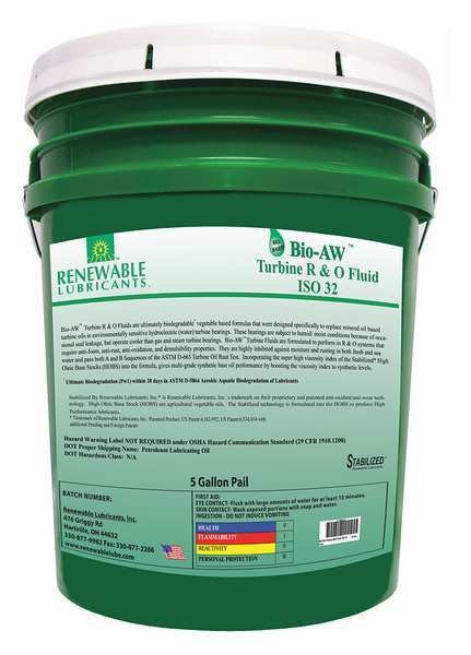 5 gal Pail, R&O Oil, 32 ISO Viscosity, Not Specified SAE, Renewable Lubricants, Mfr#: 81704