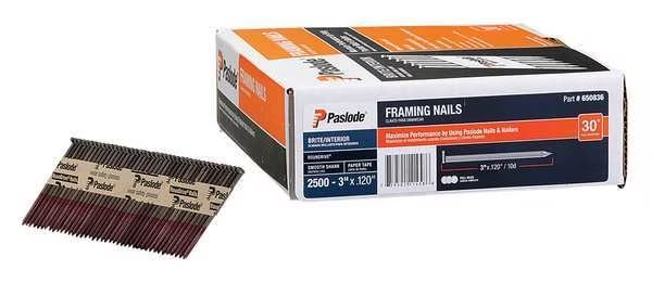 Collated Framing Nail, 3 in L, 11 ga, Brite, Flat Head, 30 Degrees, 2500 PK, Paslode, Mfr#: 650836