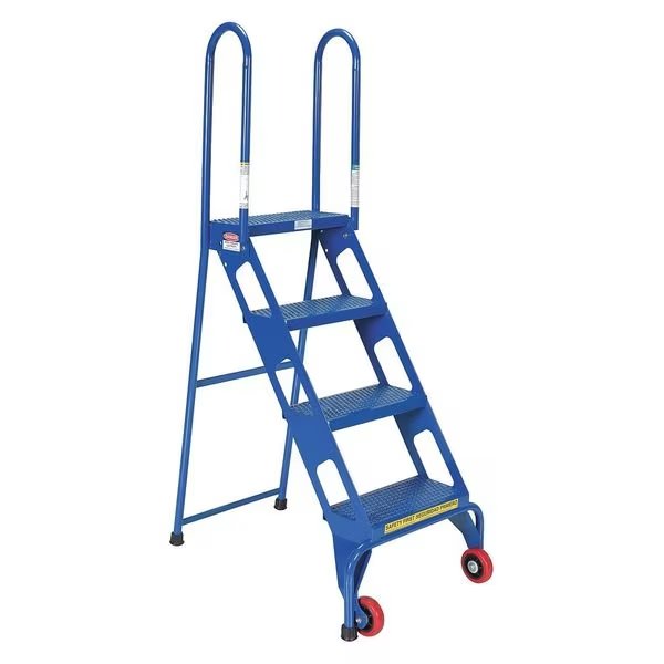 61.5625 H Carbon Steel Folding Ladder With Wheels, 4 Steps, Vestil, Mfr#: FLAD-4