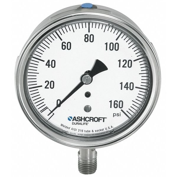 Pressure Gauge, 0 to 2000 psi, 1/4 in MNPT, Stainless Steel, Silver, Ashcroft, Mfr#: 351009SW02L2000#