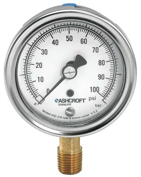 Pressure Gauge, 0 to 400 psi, 1/4 in MNPT, Stainless Steel, Silver, Ashcroft, Mfr#: 251009AW02L400#