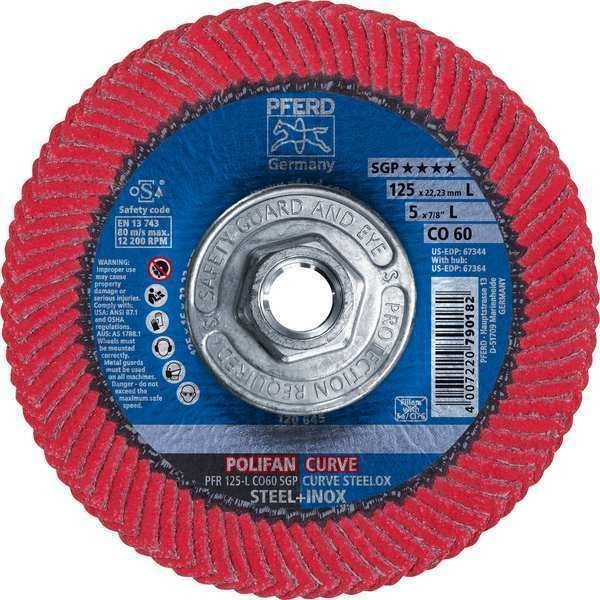 5" x 5/8-11 Thd. POLIFAN® Flap Disc - CO SGP CURVE STEELOX, Ceramic oxide, 60 Grit, Large Radius, Pferd, Mfr#: 67364