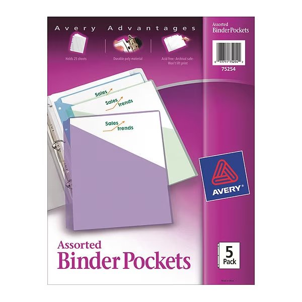 Pocket, Binder, Poly, Ast, PK5, Avery, Mfr#: 75254