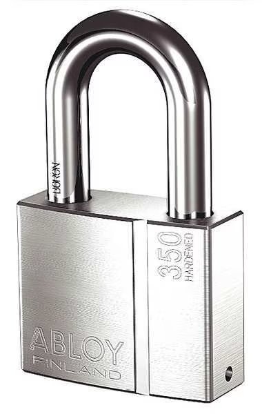 Padlock, Keyed Different, Long Shackle, Rectangular Brass Body, Hardened Steel Shackle, 1 1/4 in W, Abloy, Mfr#: PL350/50B-KD