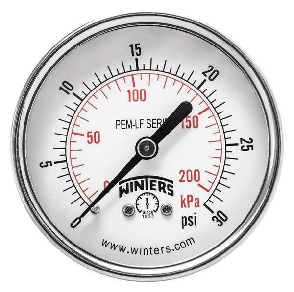 Pressure Gauge, 0 to 30 psi, 1/4 in MNPT, Steel, Black, Winters, Mfr#: PEM1437LF