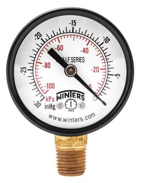 Vacuum Gauge, -30 to 0 in Hg, 1/4 in MNPT, Steel, Black, Winters, Mfr#: PEM135LF