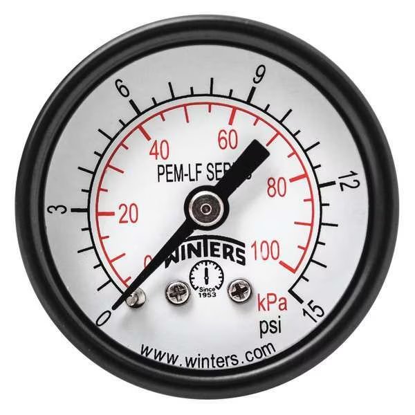 Pressure Gauge, 0 to 15 psi, 1/8 in MNPT, Steel, Black, Winters, Mfr#: PEM1399LF