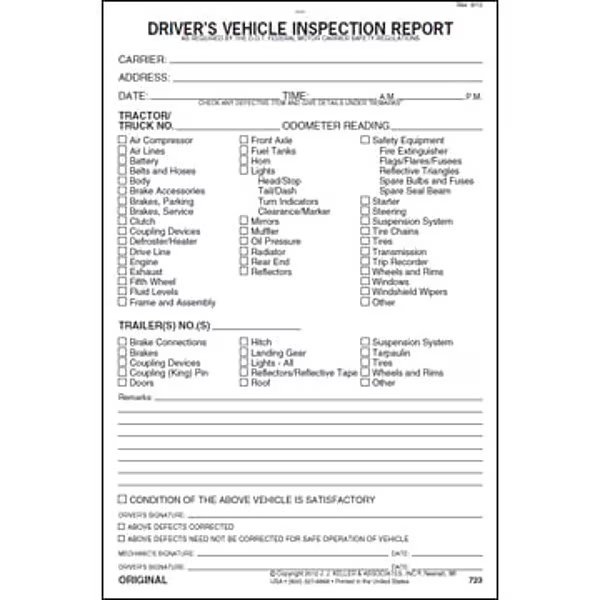 Vehicle Inspection Form, 3 Ply, W/Carbon, Jj Keller, Mfr#: 723