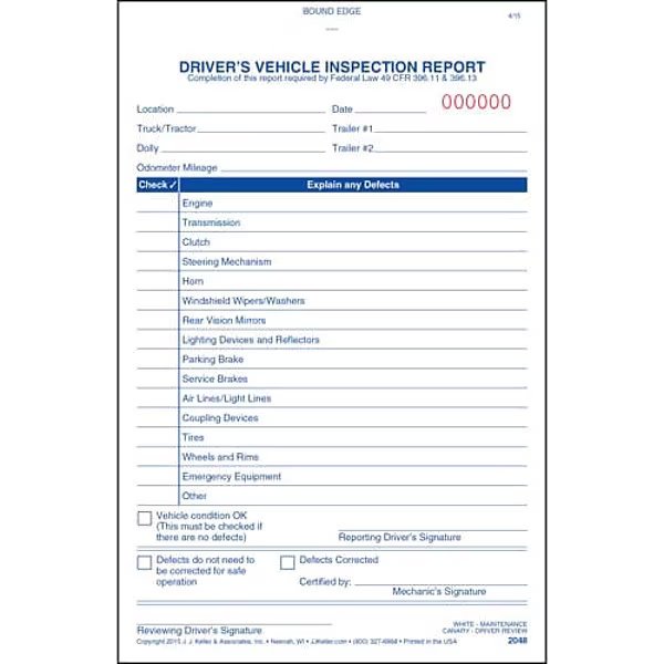 Vehicle Inspection Form, 2 Ply, Carbonless, Jj Keller, Mfr#: 2048