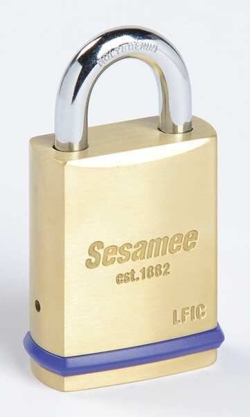 Padlock, Coreless, Standard Shackle, Rectangular Brass Body, Hardened Steel Shackle, 25/32 in W, Sesamee, Mfr#: 56410
