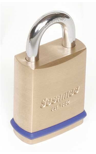 Padlock, Coreless, Standard Shackle, Rectangular Brass Body, Hardened Steel Shackle, 25/32 in W, Sesamee, Mfr#: 56010