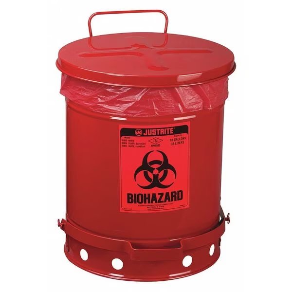 Biohazard Waste Can, Red, 10 gal., Justrite, Mfr#: 05930R
