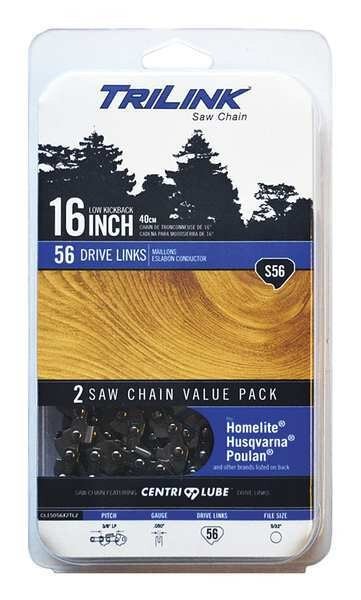 Replacement Saw Chain, 16inL, 56 Links, PK2, Trilink, Mfr#: CL15056X2TL2