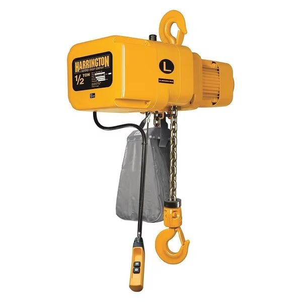 Electric Chain Hoist, 1,000 lb, 15 ft, Hook Mounted - No Trolley, 208/230/460V, Yellow, Harrington, Mfr#: NER005L-15