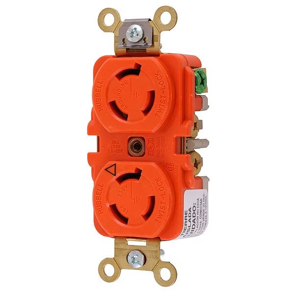 15A Isolated Ground Duplex Locking Receptacle 2P 3W 240V, Hubbell, Mfr#: IG4550A