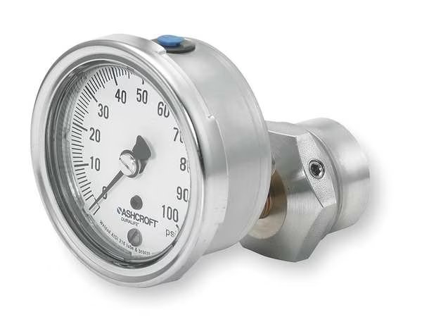 Pressure Gauge, 0 to 100 psi, 1/4 in MNPT, Stainless Steel, Silver, Ashcroft, Mfr#: 251009AW02B100#/25310SS02TXCG