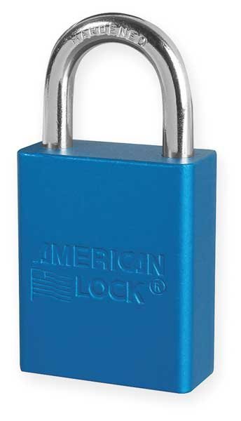Anodized Aluminum Safety Padlock, Keyed Different, 1-1/2 in Wide with 1 in Tall Shackle, Blue, American Lock, Mfr#: A1105BLU