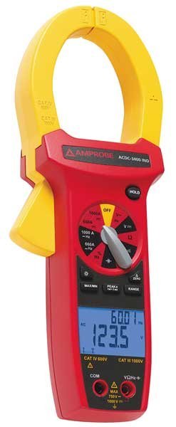 Clamp Meter, Backlit, 1,000 A, 2.0 in (51 mm) Jaw Capacity, Cat IV 600V Safety Rating, Amprobe, Mfr#: ACDC-3400 IND