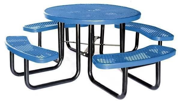 46 in Dia Round Picnic Table, 4 Benches, Expanded Metal, Thermoplastic, Blue, EnjoyTool Select, Mfr#: 4HUP6