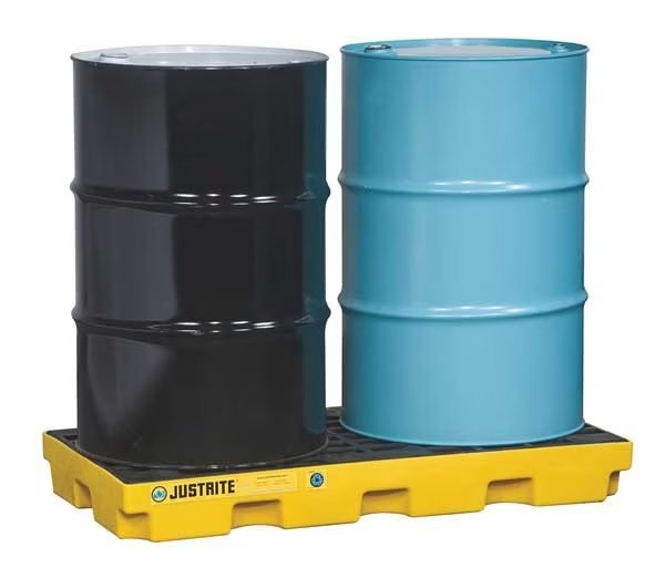 Drum Spill Containment Pallet, 24 gal Spill Capacity, 2 Drum, 2500 lb, Recycled Polyethylene, Justrite, Mfr#: 28654