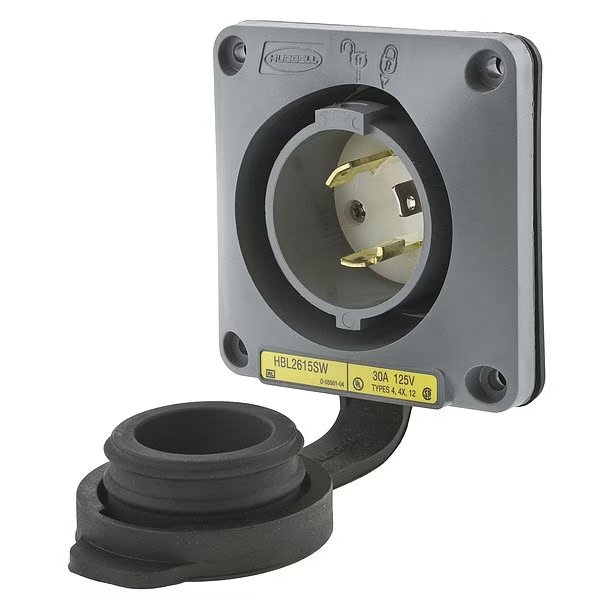 30A Watertight Flanged Twist-Lock Inlet 2P 3W 125VAC, Hubbell, Mfr#: HBL2615SW