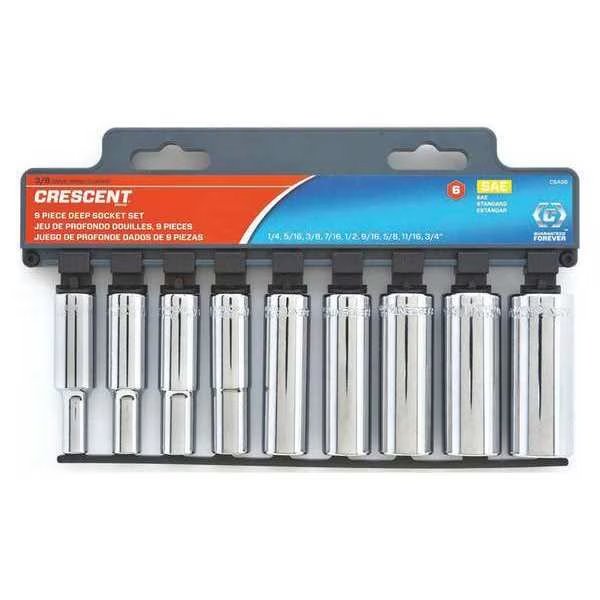 9 Piece 3/8" Drive 6 Point Deep SAE Socket Set, Crescent, Mfr#: CSAS6N