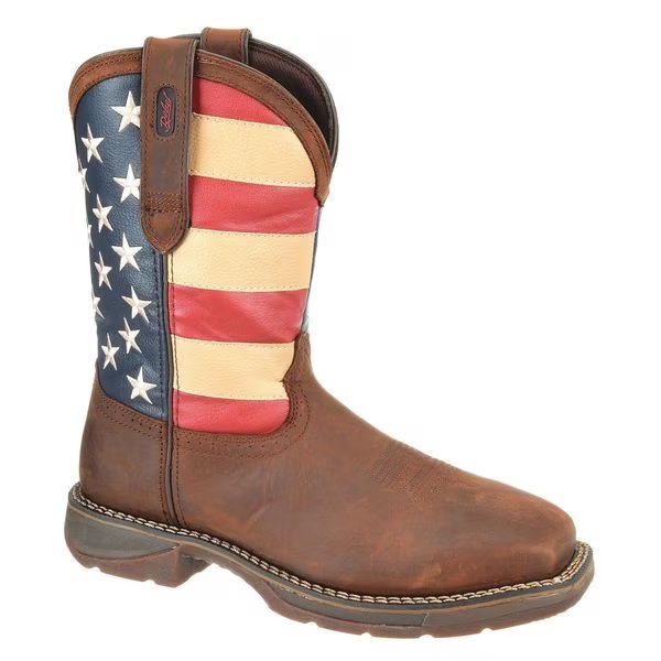 Size 10 Men's Western Boot Steel Work Boot, Dark Brown/American Flag, Durango, Mfr#: DB020