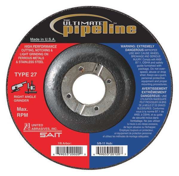 Cut-Off & Grinding Wheel, 27, 9" Dia, 1/8" Thick, 5/8"-11 Arbor Hole Size, Zirconia Alumina, United Abrasives/Sait, Mfr#: 20140