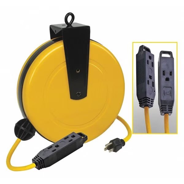 Cord Reel w/ Hand Lamp, Spring Retract, NEMA 5-15R, 14 AWG, Yellow, 30 ft L (Formerly LumaPro)