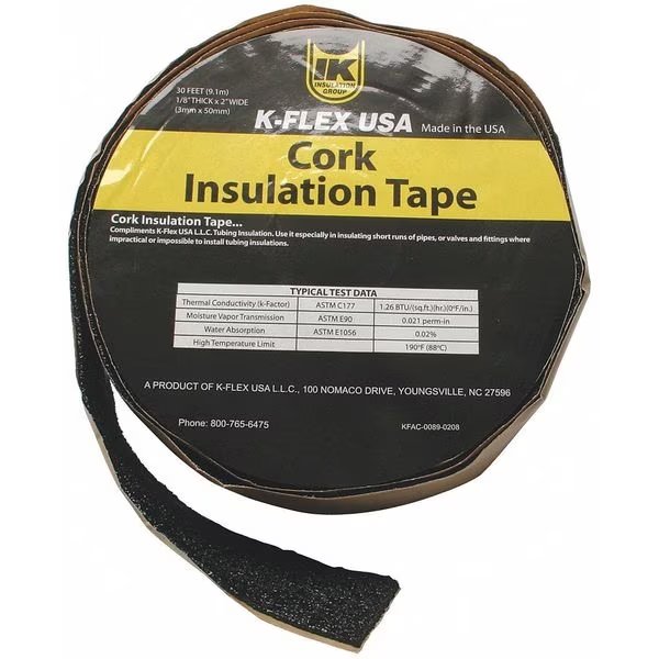 Pipe Insulation Tape, 30 ft Overall Lg, 2 in Overall Wd, 130 mil Thick, Cork, Black, K-Flex Usa, Mfr#: 800-TAPE-CRK