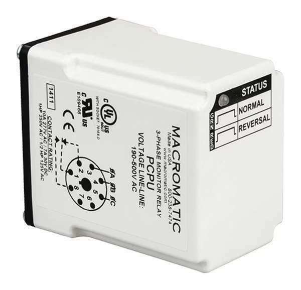 3 Phase Monitor Relay, SPDT, 500VAC, 8 Pin, Macromatic, Mfr#: PCPU