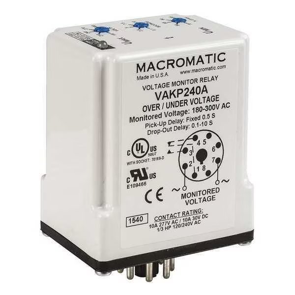 Voltage Monitor Relay, 12VDC, Plug-In, Macromatic, Mfr#: VAKP012D