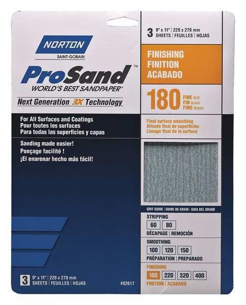 Sandpaper Sheet, Fine, 180 Grit, PK3, Norton Abrasives, Mfr#: 07660768159