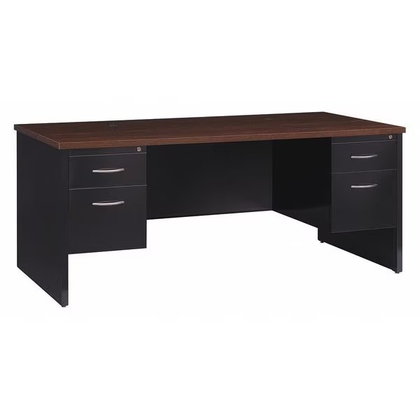 Office Desk, Double Pedestal, 72"W x 36"D, Black/Walnut, Hirsh, Mfr#: 20531